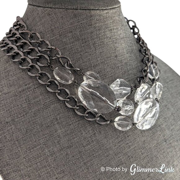 Triple Strand Chunky Acrylic Faceted Beads Black Tone Curb Chain Toggle Necklace - Picture 2 of 10